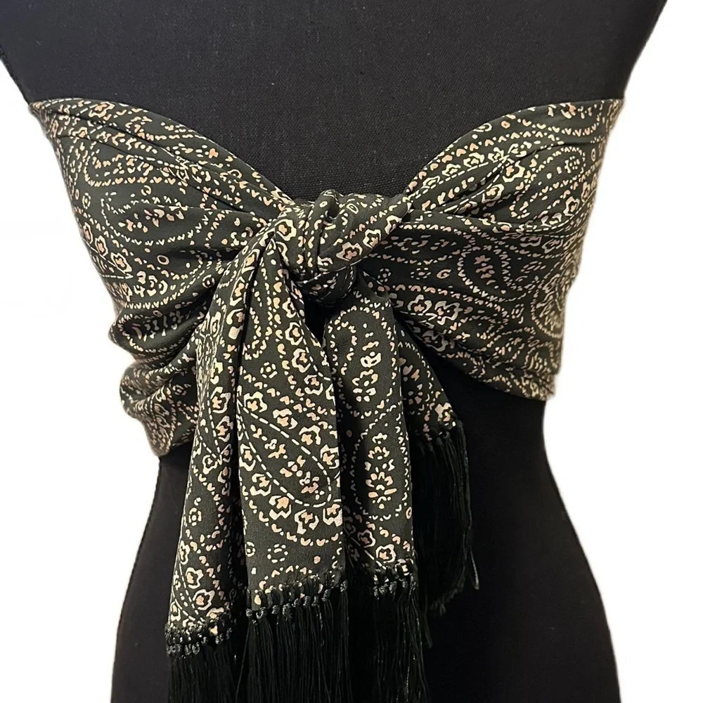 Dkny Forest Green Silk Scarf With Tassels